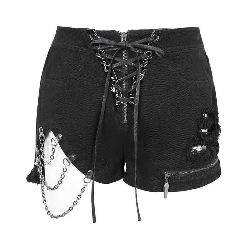 Damen-Punk-Riemchen-Shorts mit unregelmäßigen Rissen