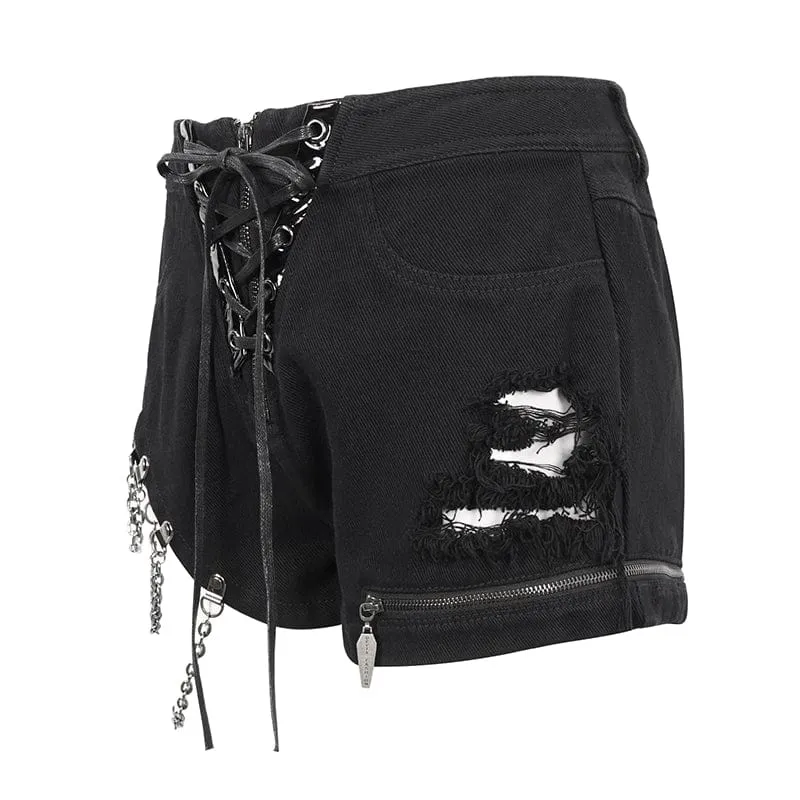 Damen-Punk-Riemchen-Shorts mit unregelmäßigen Rissen