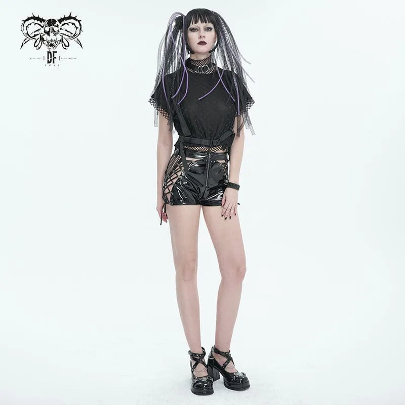Damen Punk Mesh Splice Lackleder Shorts