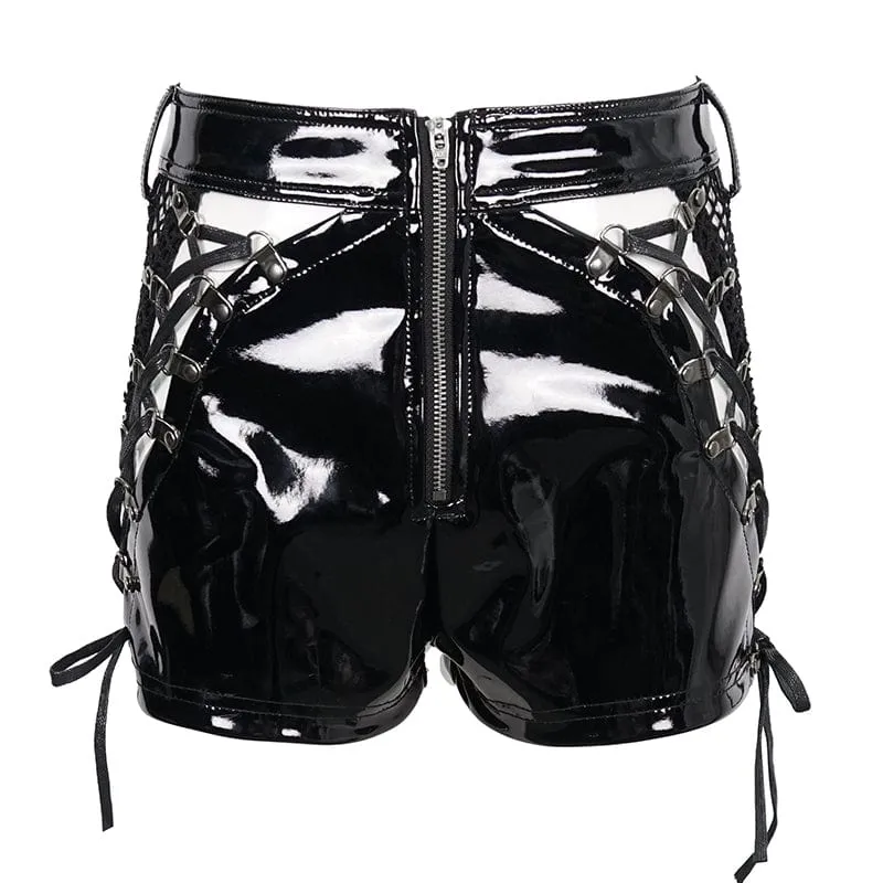 Damen Punk Mesh Splice Lackleder Shorts