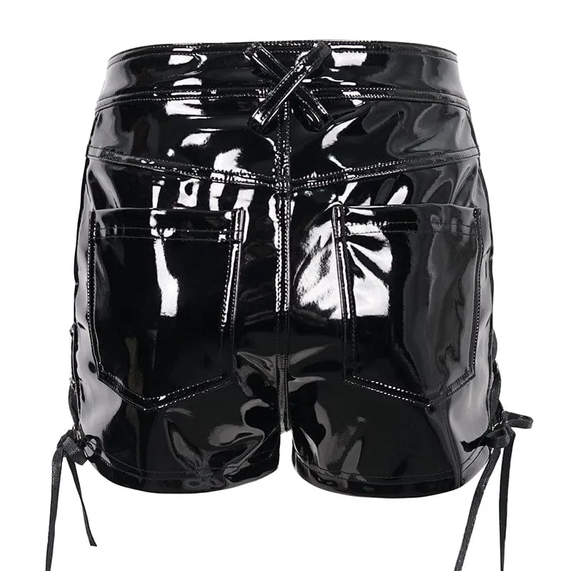 Damen Punk Mesh Splice Lackleder Shorts