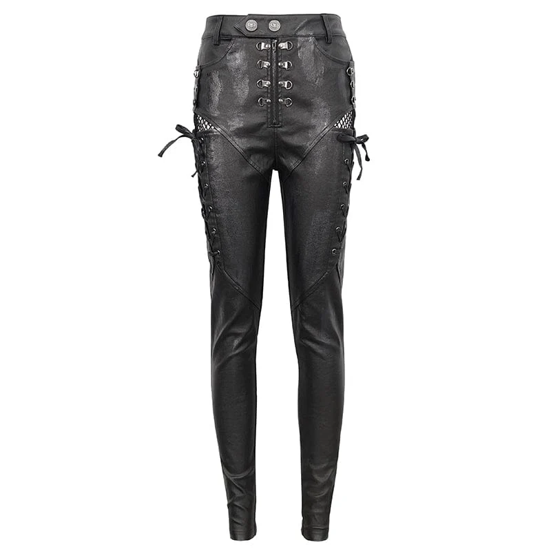 Damen-Punk-Riemchen-Mesh-Splice-Leggings
