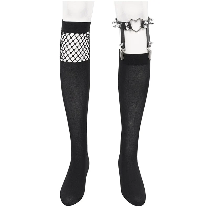 Damen Punk Asymmetrische Netzspleißsocken mit Strumpfband