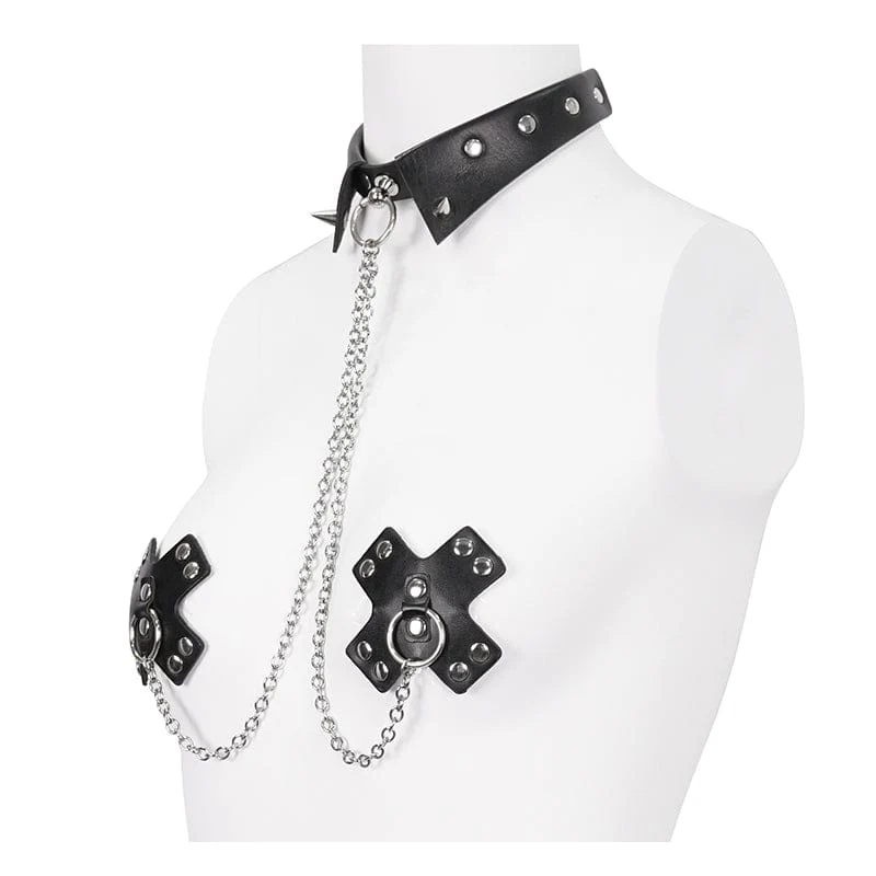 Gotischer Nietenketten-Halsband für Damen mit Brustbedeckungen