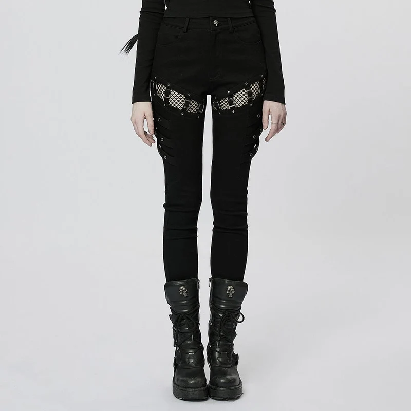 Damen-Punk-Mesh-Spleißschnallen-Jeans
