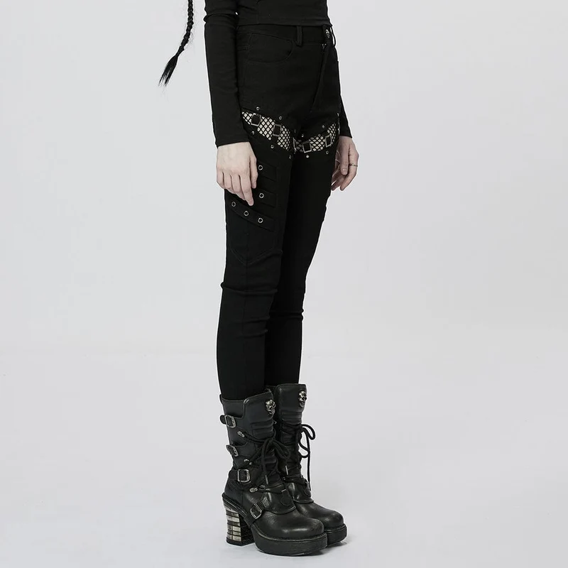 Damen-Punk-Mesh-Spleißschnallen-Jeans