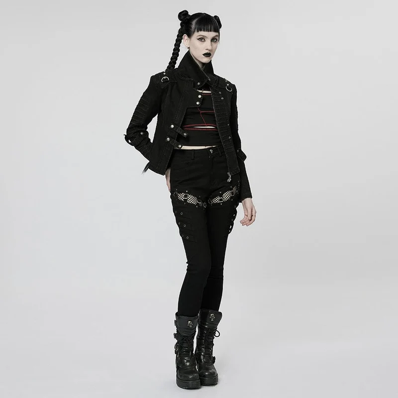 Damen-Punk-Mesh-Spleißschnallen-Jeans