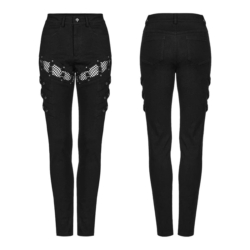 Damen-Punk-Mesh-Spleißschnallen-Jeans