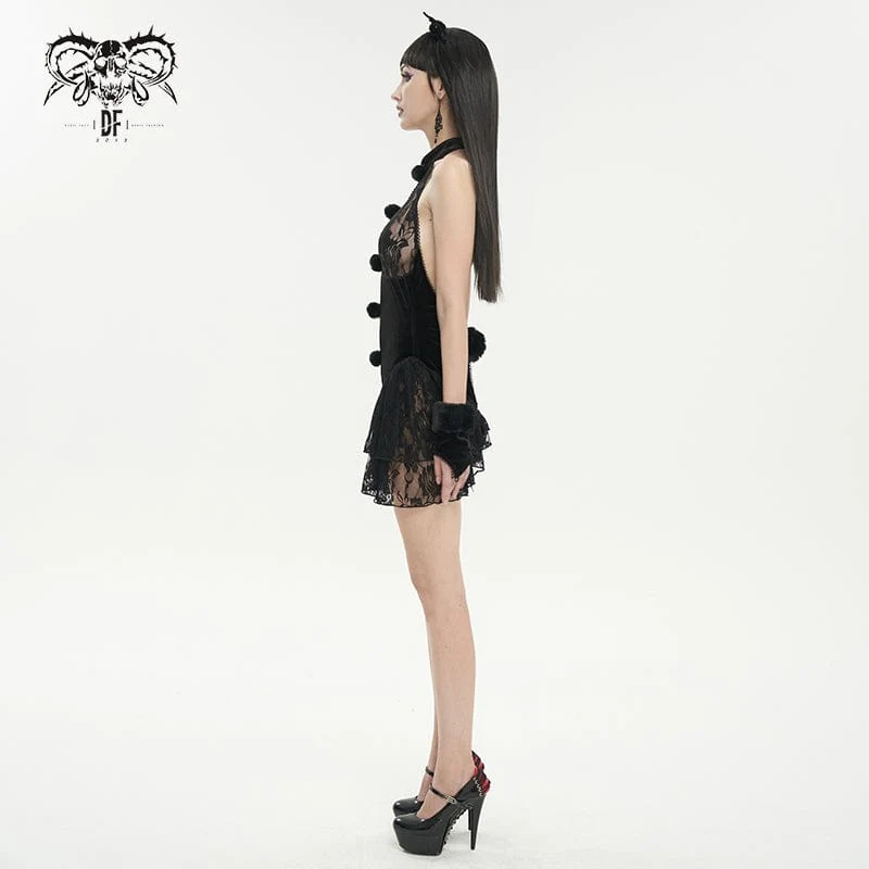 Damen-Dessous aus Gothic-Neckholder-Spitze und Samt mit Ärmeln
