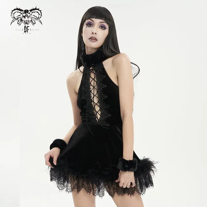 Gothic-Neckholder-Kleid aus flauschigem Splice-Samt für Damen