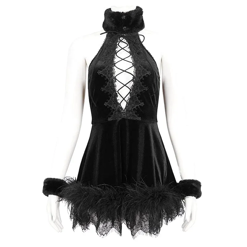 Gothic-Neckholder-Kleid aus flauschigem Splice-Samt für Damen