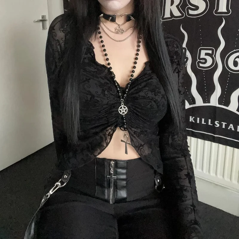 Gothic-Crop-Top mit schulterfreiem Kordelzug für Damen
