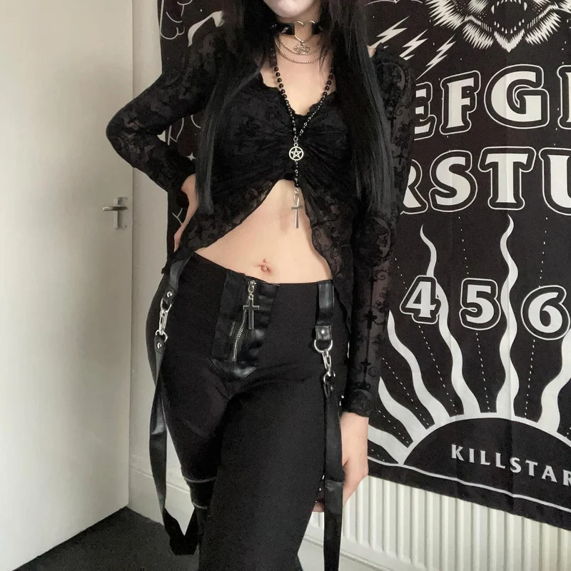Gothic-Crop-Top mit schulterfreiem Kordelzug für Damen
