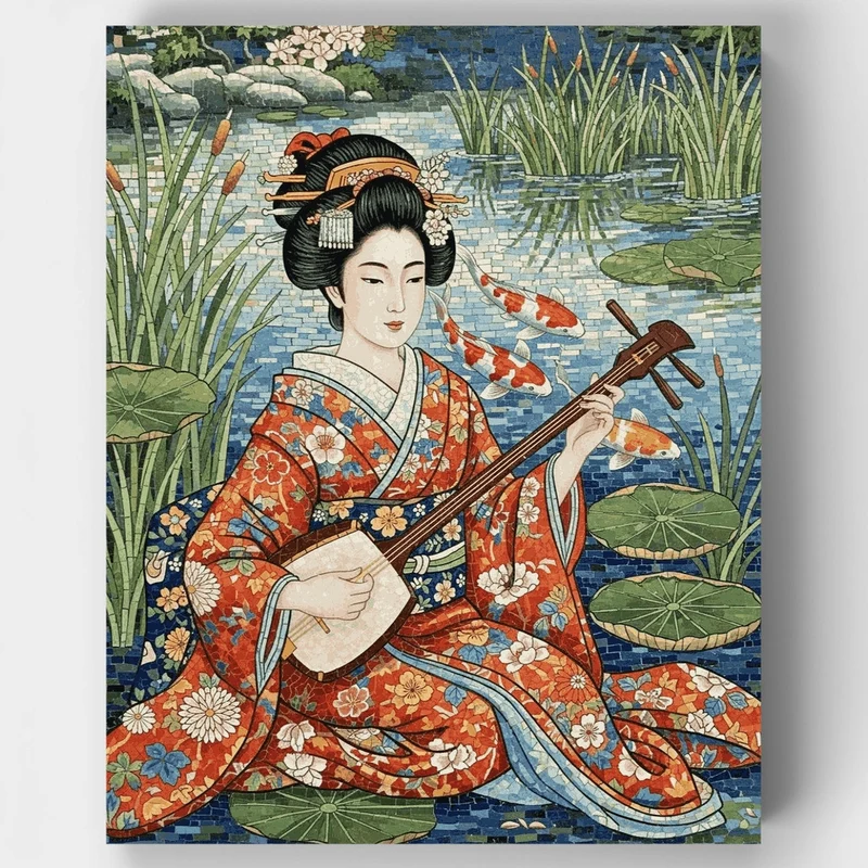 Geisha Playing Shamisen by the Koi Pond - Paint by Numbers Kit