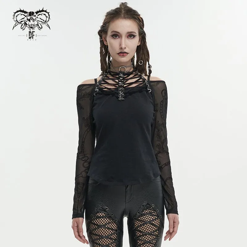 Damen Gothic Riemchen Neckholder Mesh Shirt