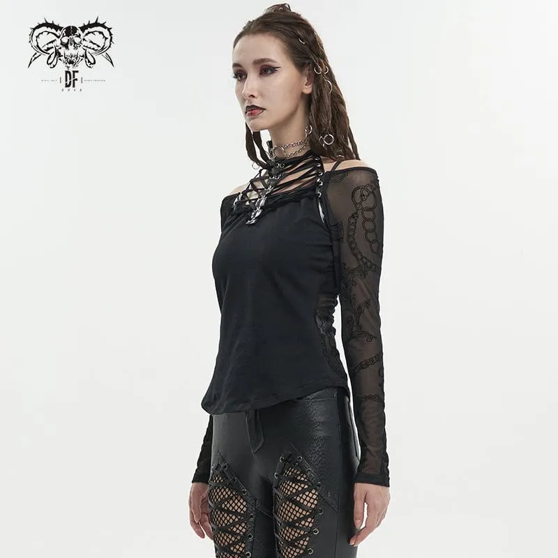 Damen Gothic Riemchen Neckholder Mesh Shirt