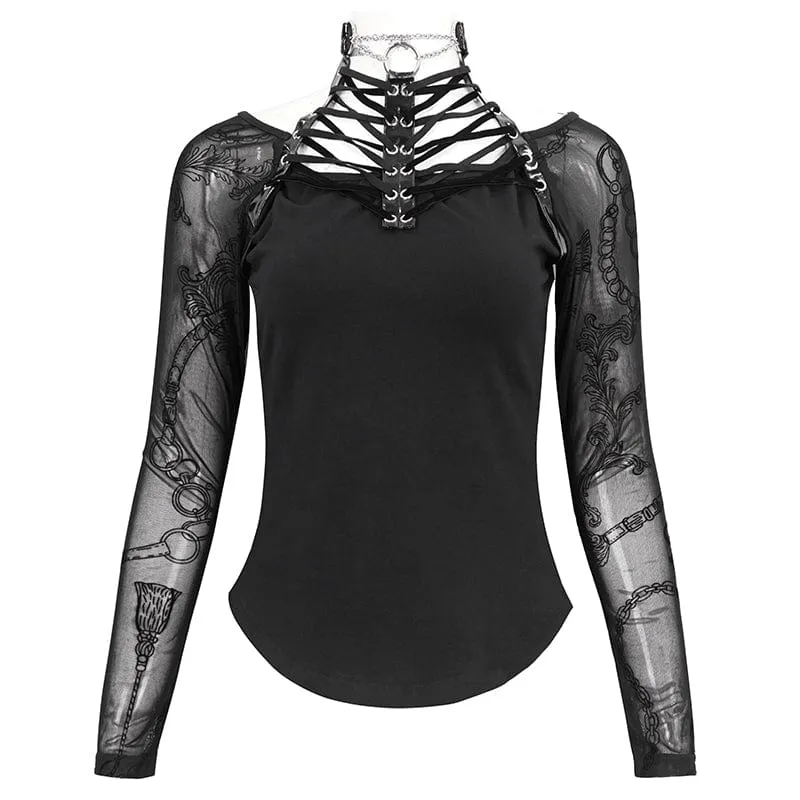 Damen Gothic Riemchen Neckholder Mesh Shirt