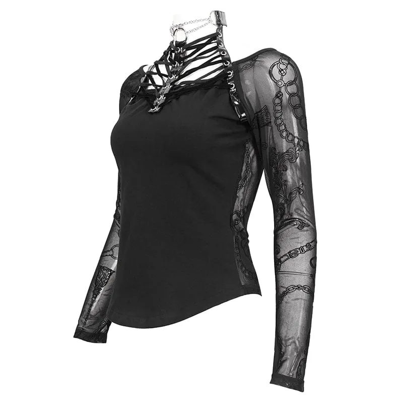 Damen Gothic Riemchen Neckholder Mesh Shirt