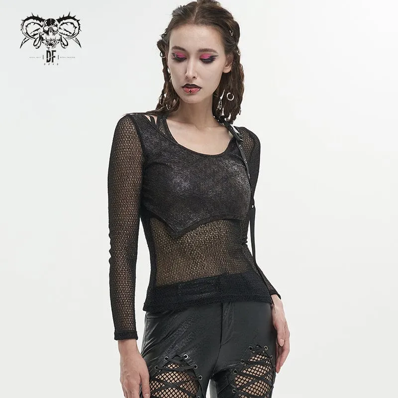 Mesh-Shirt mit Gothic-Schnalle für Damen