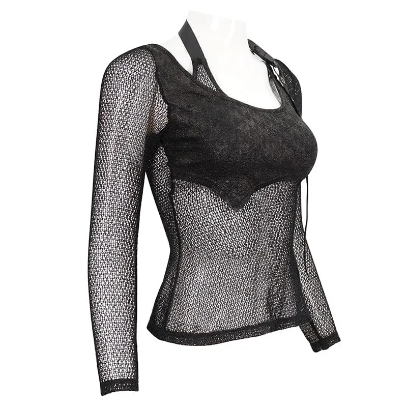 Mesh-Shirt mit Gothic-Schnalle für Damen