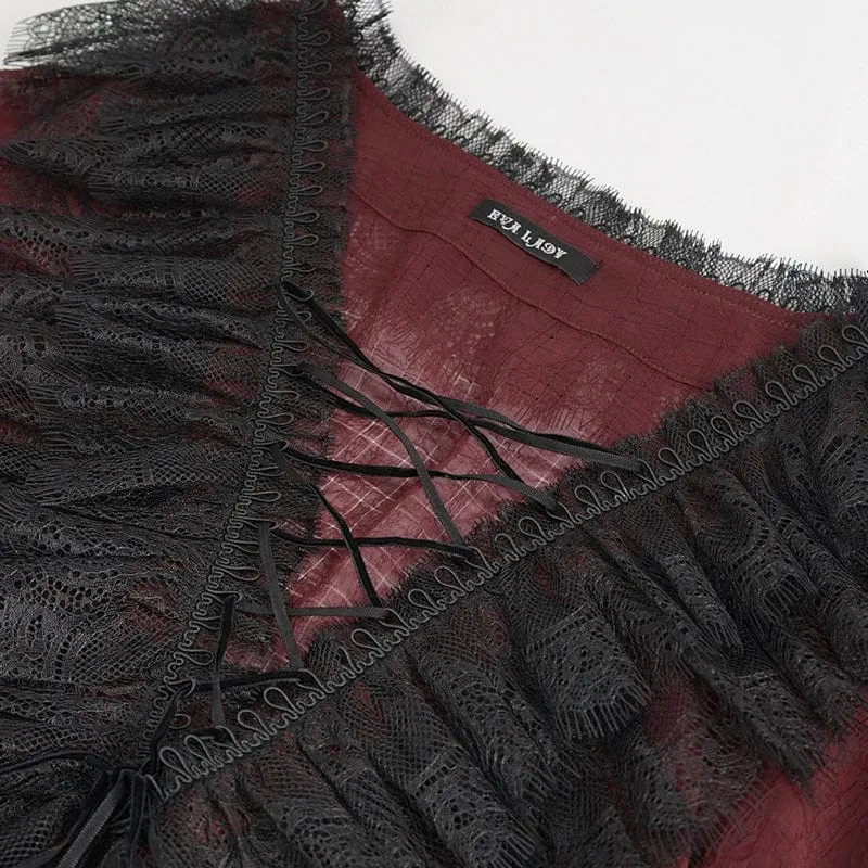 Damen Gothic Tiefer Rüschen Sheer Shirt Rot