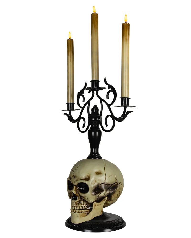 3-armiger Totenschädel Kerzenleuchter mit LED-Kerzen 66cm