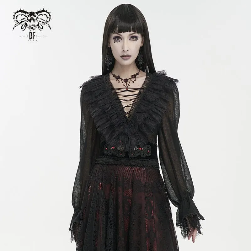 Damen Gothic Tiefer Rüschen Sheer Shirt Schwarz