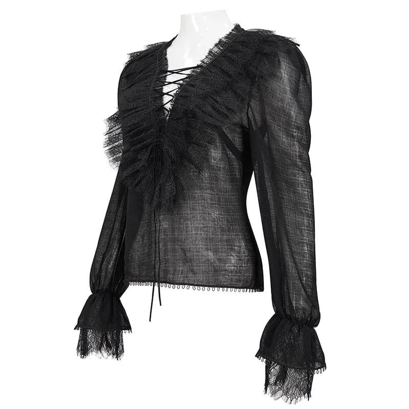 Damen Gothic Tiefer Rüschen Sheer Shirt Schwarz