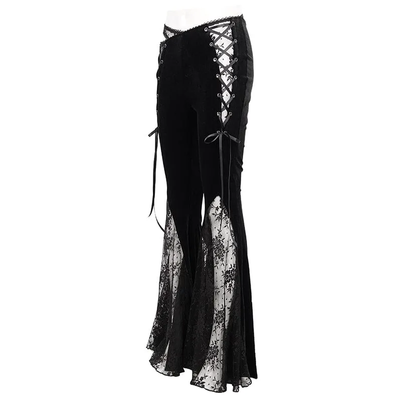 Gothic Lace Splice Samt Schlaghose für Damen
