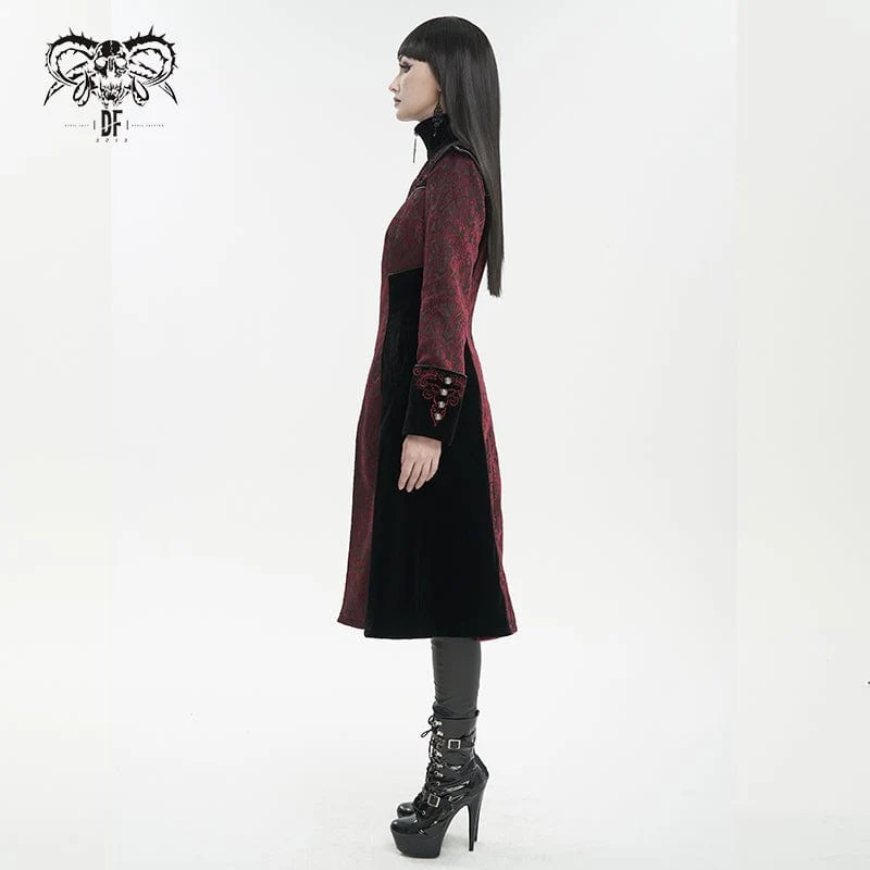 Damen Gothic Stehkragen Floral bestickter Mantel Rot