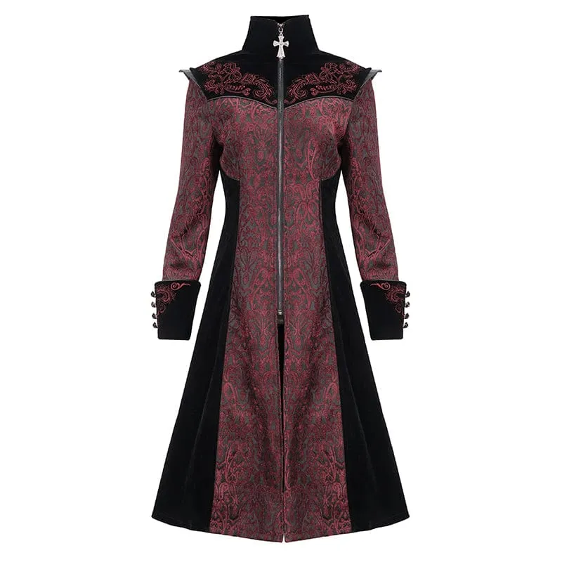 Damen Gothic Stehkragen Floral bestickter Mantel Rot