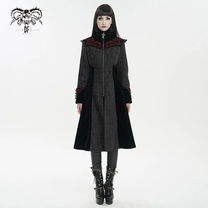 Damen Gothic Stehkragen Floral bestickter Mantel Schwarz