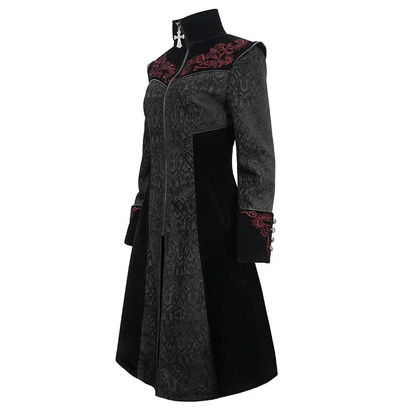 Damen Gothic Stehkragen Floral bestickter Mantel Schwarz
