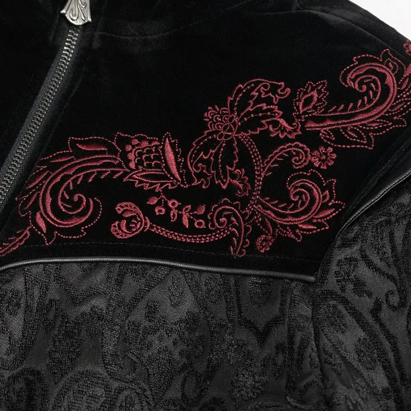 Damen Gothic Stehkragen Floral bestickter Mantel Schwarz