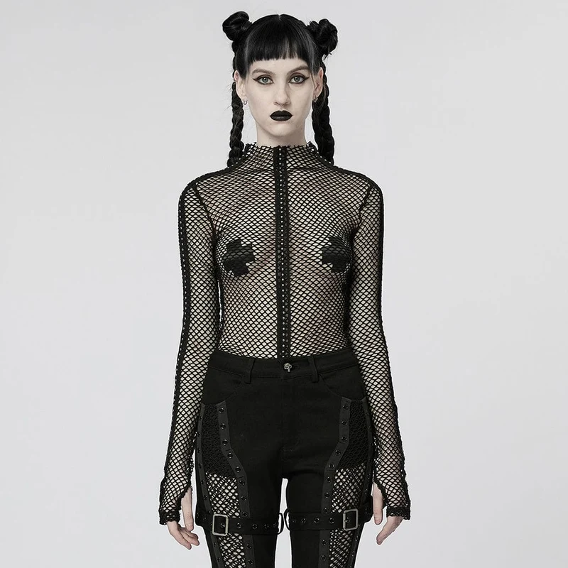 Damen-Punk-Nailed-Sheer-Mesh-Top