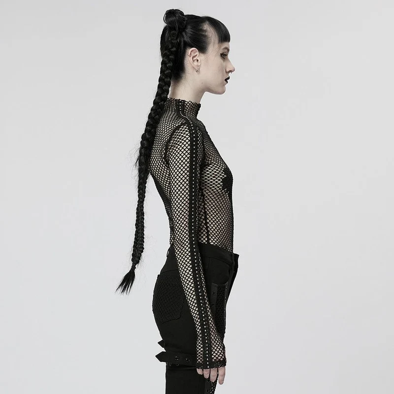 Damen-Punk-Nailed-Sheer-Mesh-Top