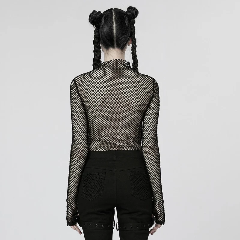 Damen-Punk-Nailed-Sheer-Mesh-Top