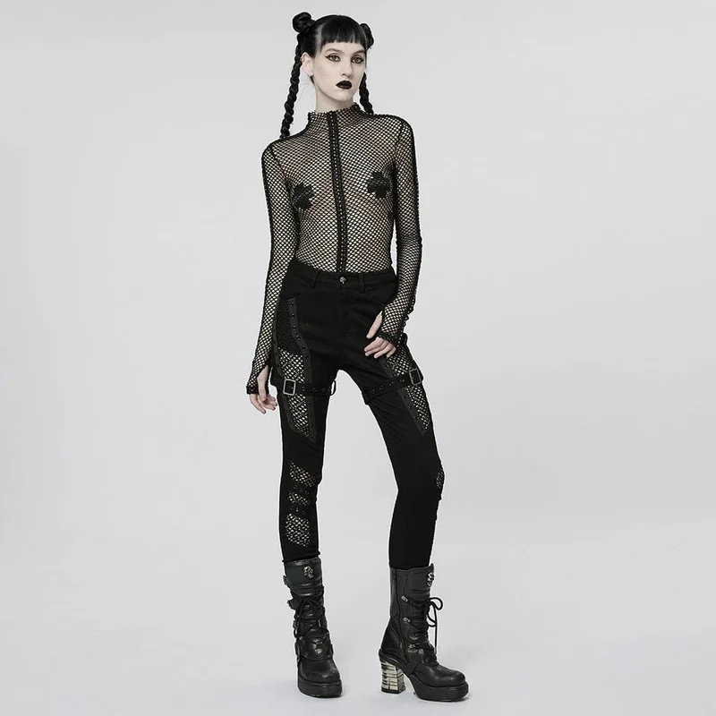 Damen-Punk-Nailed-Sheer-Mesh-Top