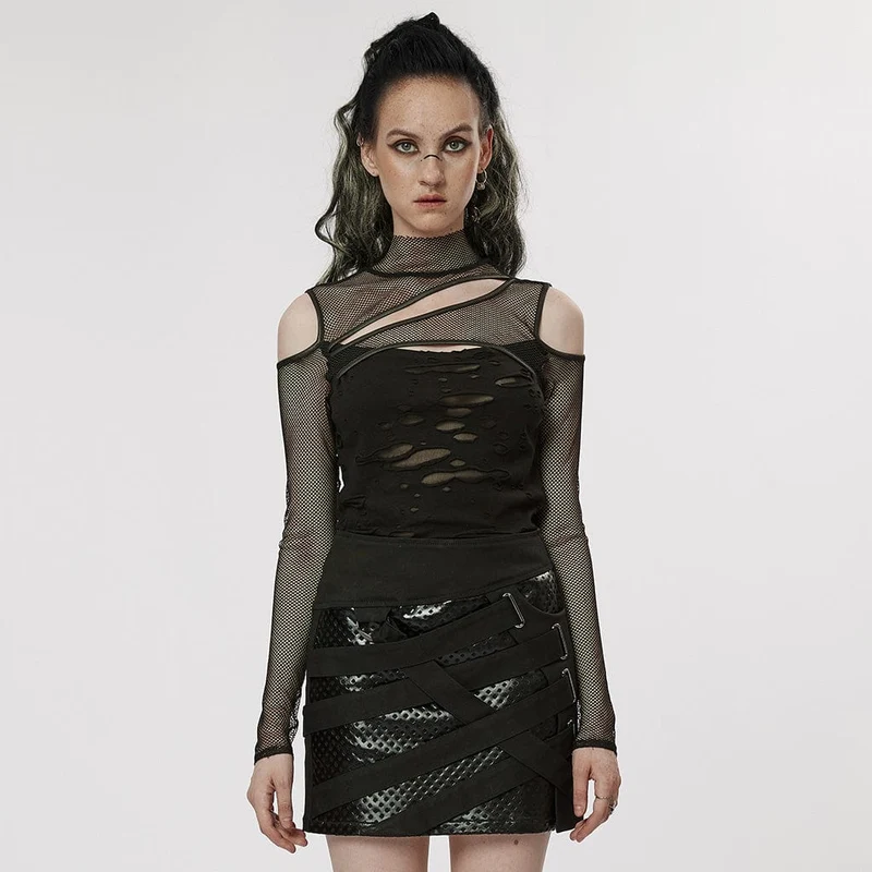 Damen Punk Off Shoulder Ripped Mesh Top