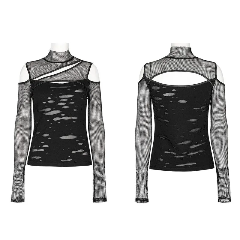 Damen Punk Off Shoulder Ripped Mesh Top