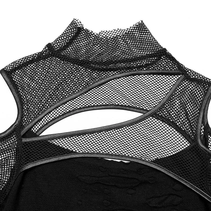 Damen Punk Off Shoulder Ripped Mesh Top