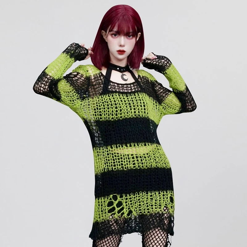 Damen-Pullover mit zerrissenen Streifen im Grunge-Stil