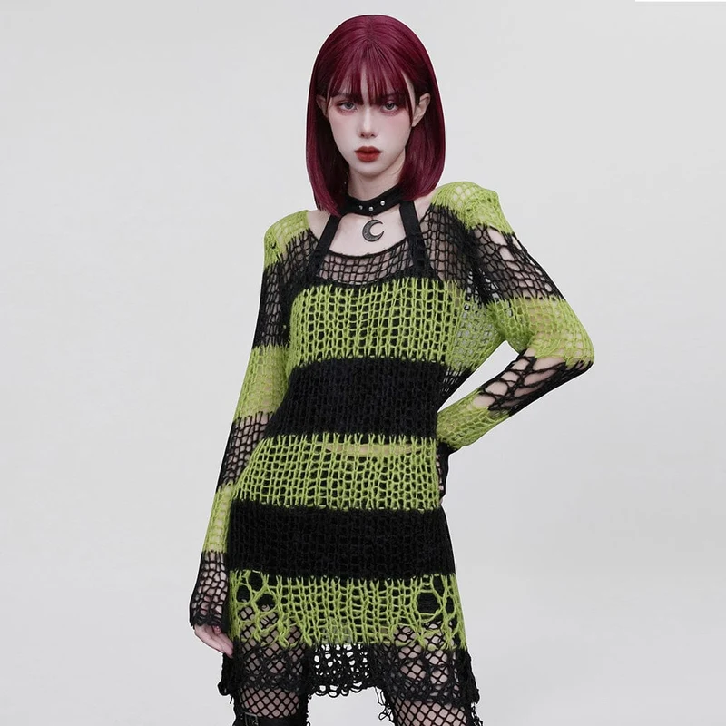 Damen-Pullover mit zerrissenen Streifen im Grunge-Stil