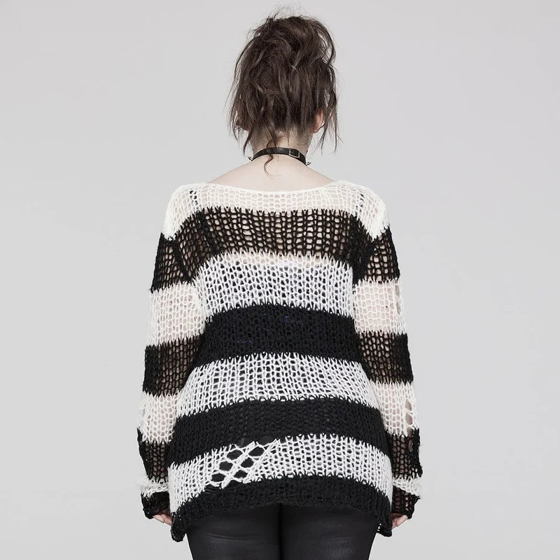 Damen-Pullover mit zerrissenen Streifen im Grunge-Stil