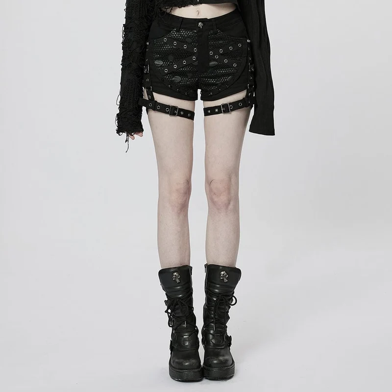 Damen Punk Buckles Splice Mesh Shorts