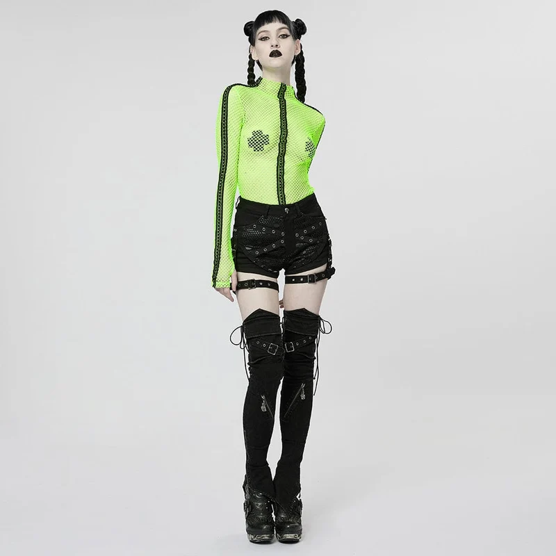 Damen Punk Buckles Splice Mesh Shorts