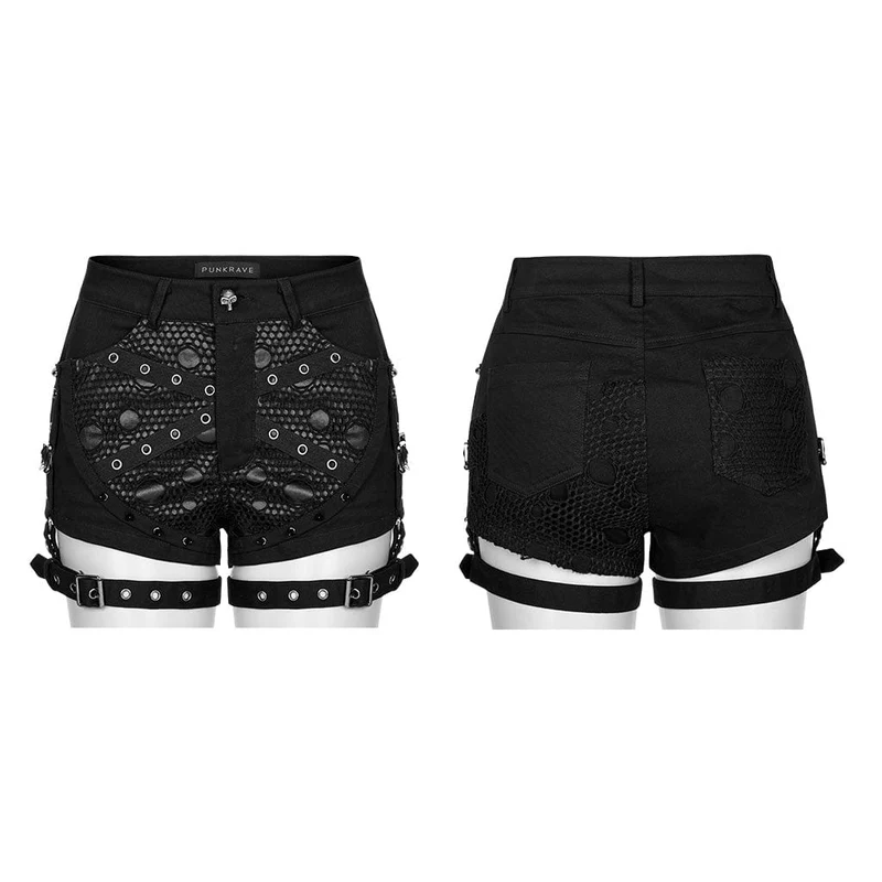 Damen Punk Buckles Splice Mesh Shorts