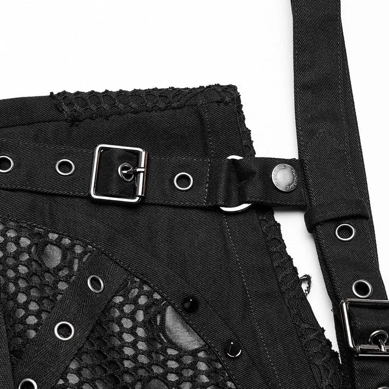 Damen Punk Buckles Splice Mesh Shorts