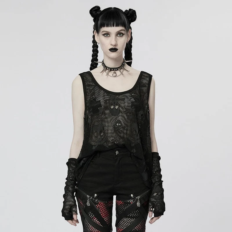 Damen Punk Skull Mesh Tank Top mit Ärmeln