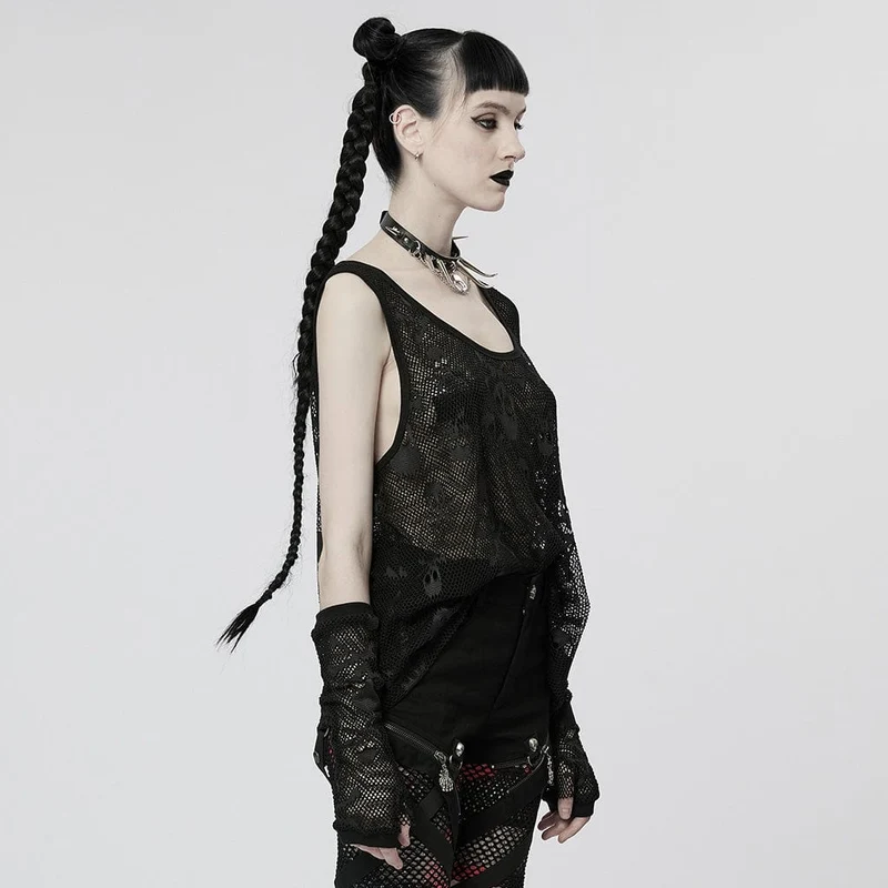 Damen Punk Skull Mesh Tank Top mit Ärmeln